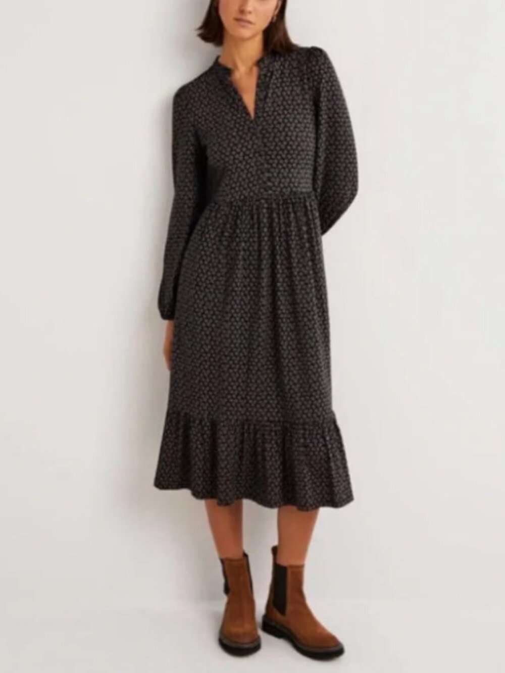 Boden Buttoned Jersey Midi Dress Ditsy Floral Long Sleeve Diamond Bud Size 4